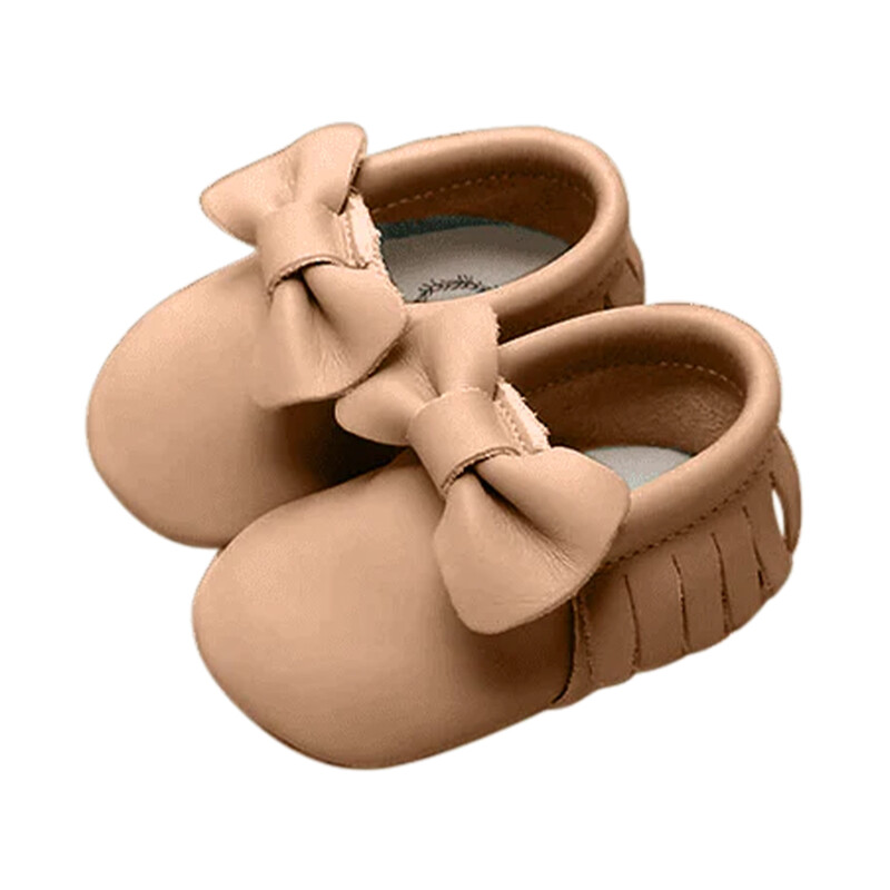 Leather Moccasins with Bow - Beige